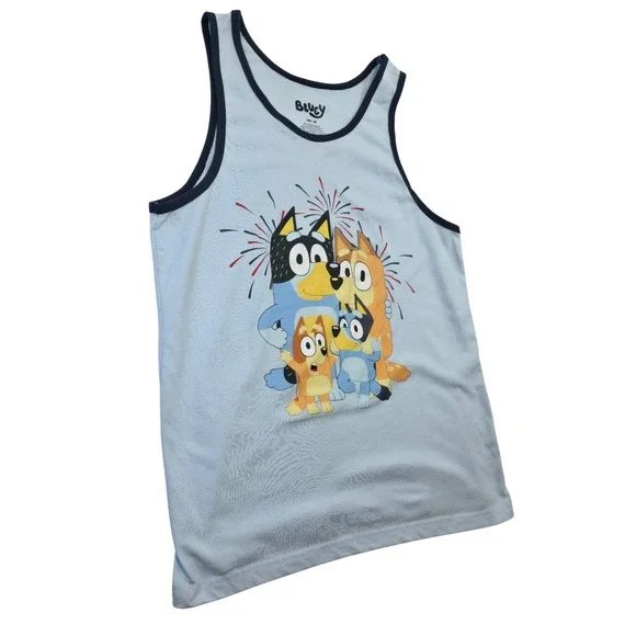 Bluey Adult Tank Top Size Medium Blue Family Fireworks Graphic Blue Trim Shirt - Picture 3 of 7